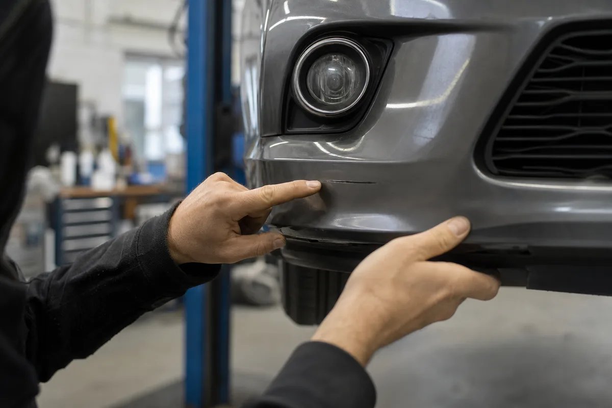 Automobiliste examinant le pare-chocs de sa voiture dans un garage français