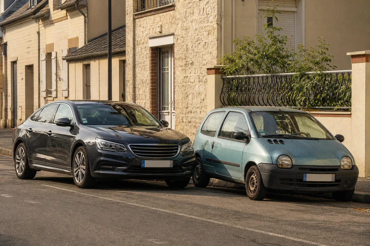 Deux voitures d’âges différents stationnées côte à côte dans une rue résidentielle française