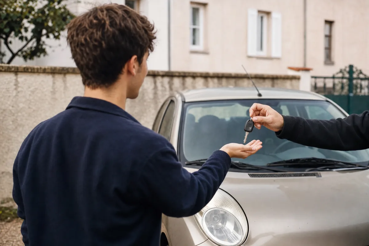 Jeune conducteur recevant les clés d’une petite voiture d’occasion en France
