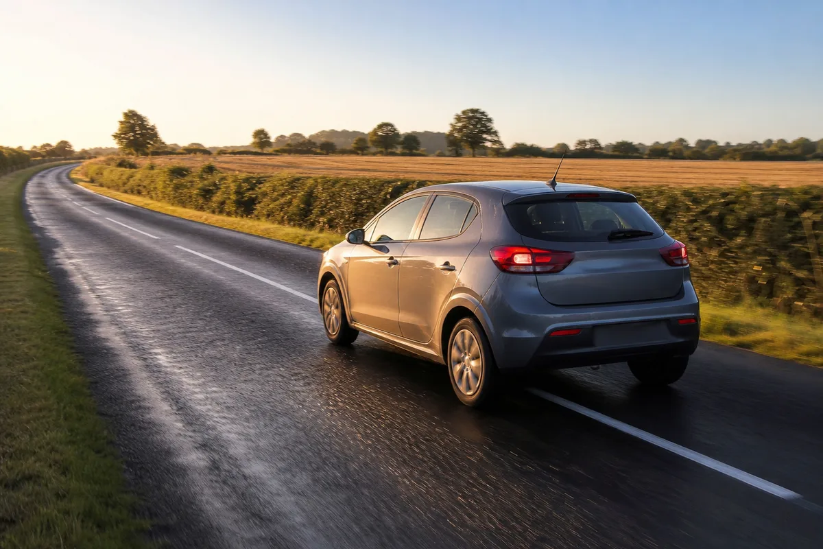 Voiture circulant sur une route de campagne française en fin de journée