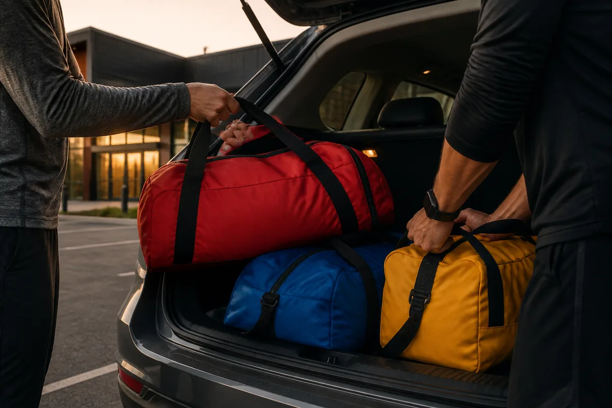 Parents chargeant des sacs de sport dans un véhicule familial au petit matin devant un gymnase, mains visibles, hayon ouvert, éclairage doux