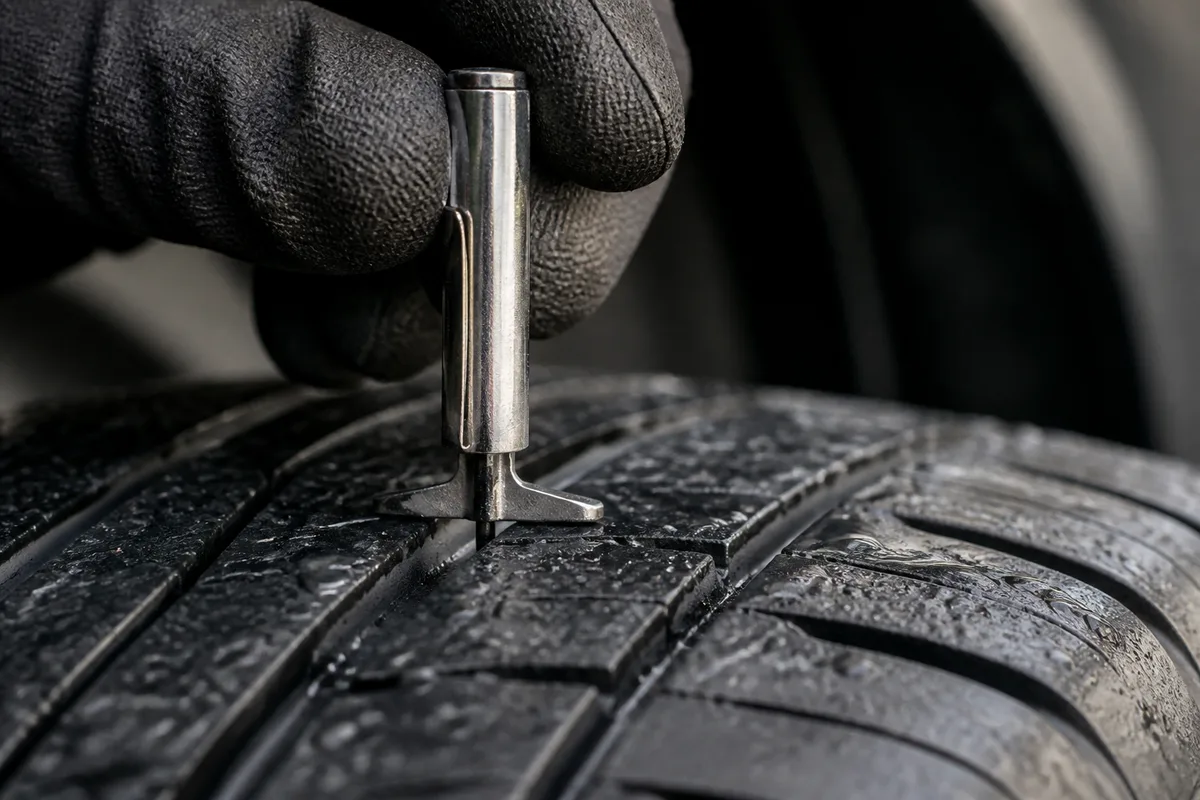 Pneu de voiture examiné avec une jauge de profondeur de sculptures