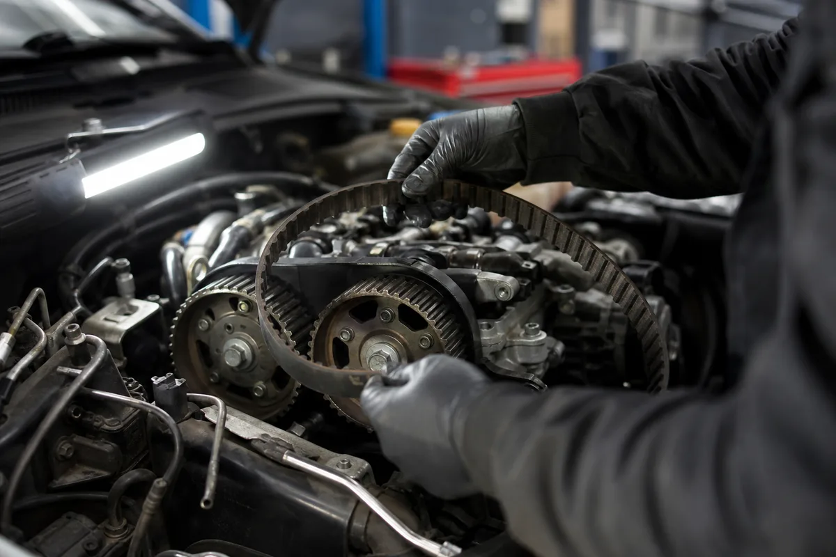 Mécanicien qui inspecte la courroie de distribution crantée d&rsquo;un moteur essence dans un atelier