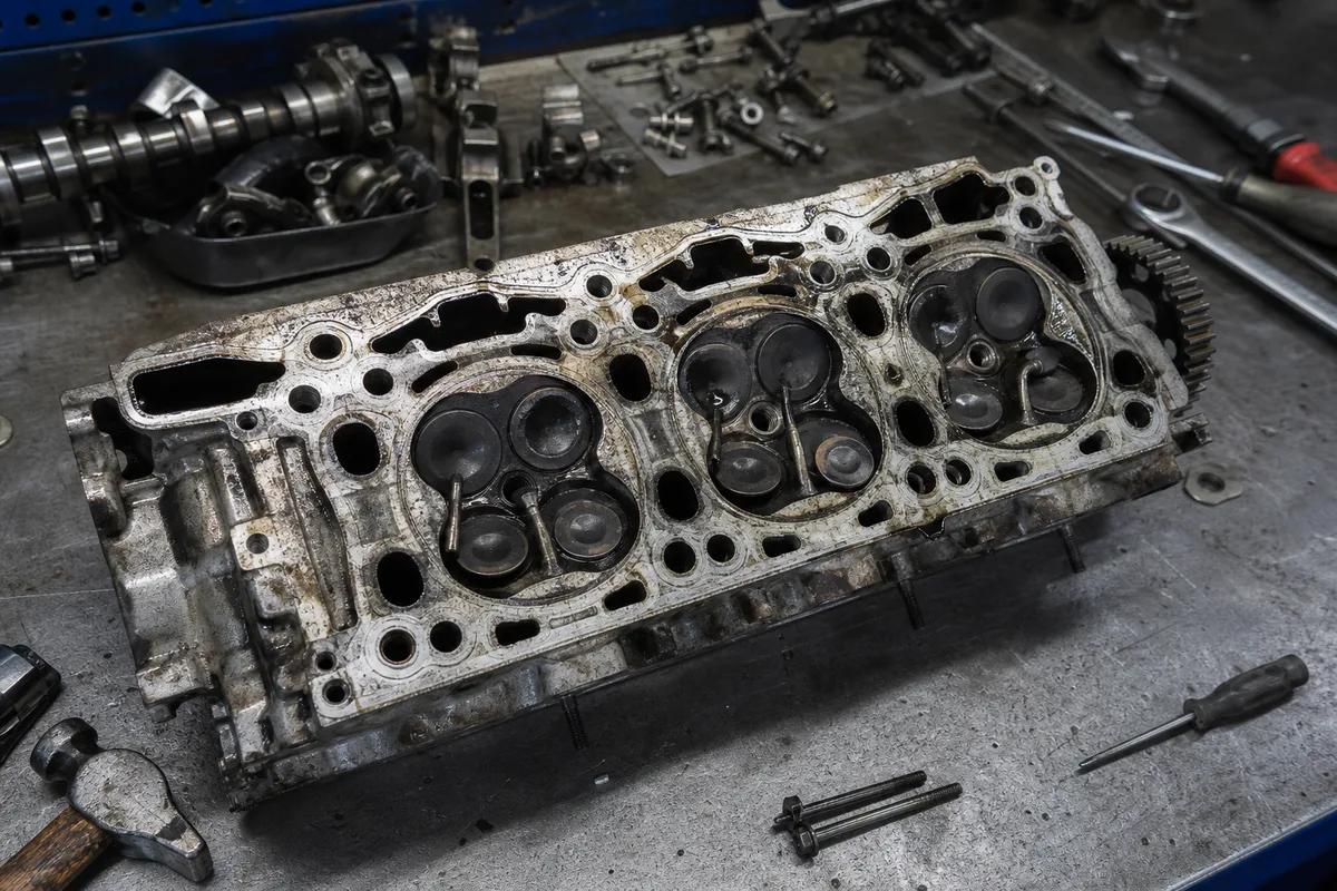 Culasse de moteur ouverte sur un établi d&rsquo;atelier après une rupture de courroie de distribution