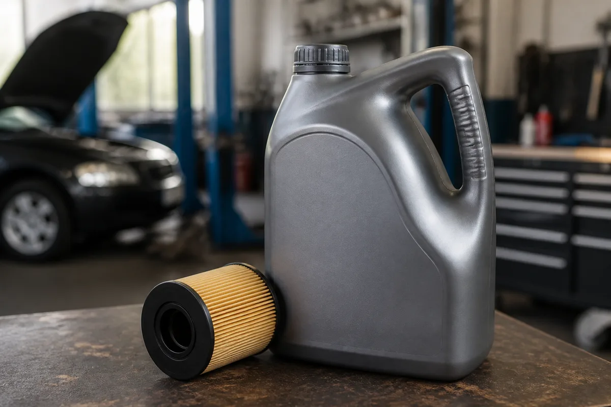 Bidon d&rsquo;huile moteur neuve et filtre à huile posés sur un établi d&rsquo;atelier automobile