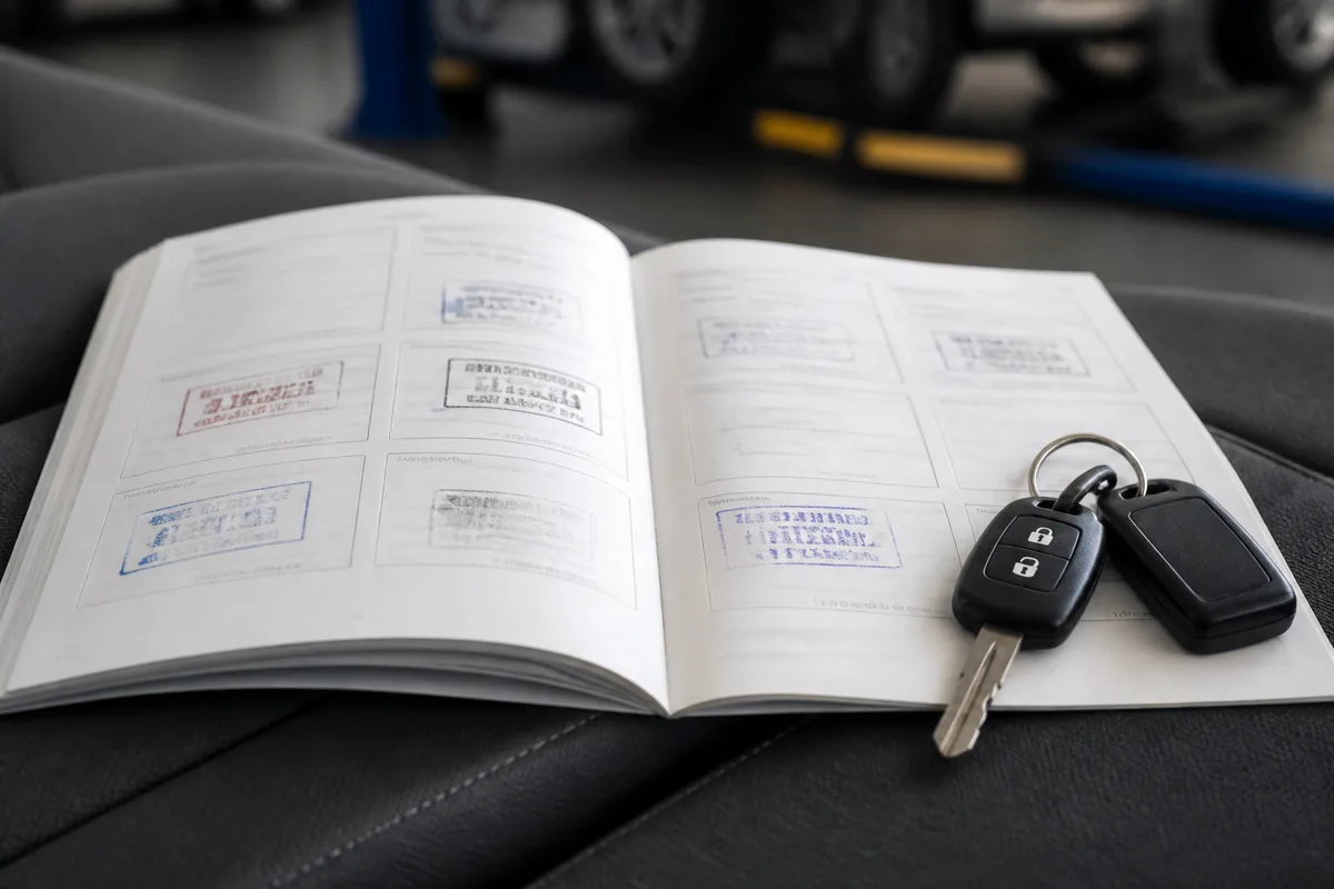 Carnet d&rsquo;entretien automobile ouvert avec tampons de garage et clés de voiture