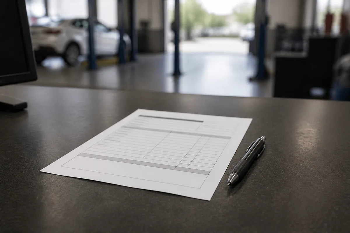 Devis d&rsquo;entretien automobile imprimé posé sur un comptoir de garage avec un stylo