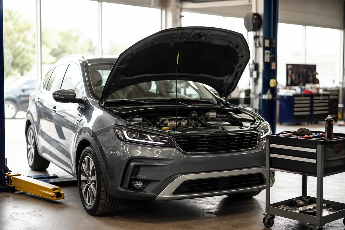 Voiture en cours d&rsquo;entretien dans un atelier lumineux, capot ouvert et outillage à proximité