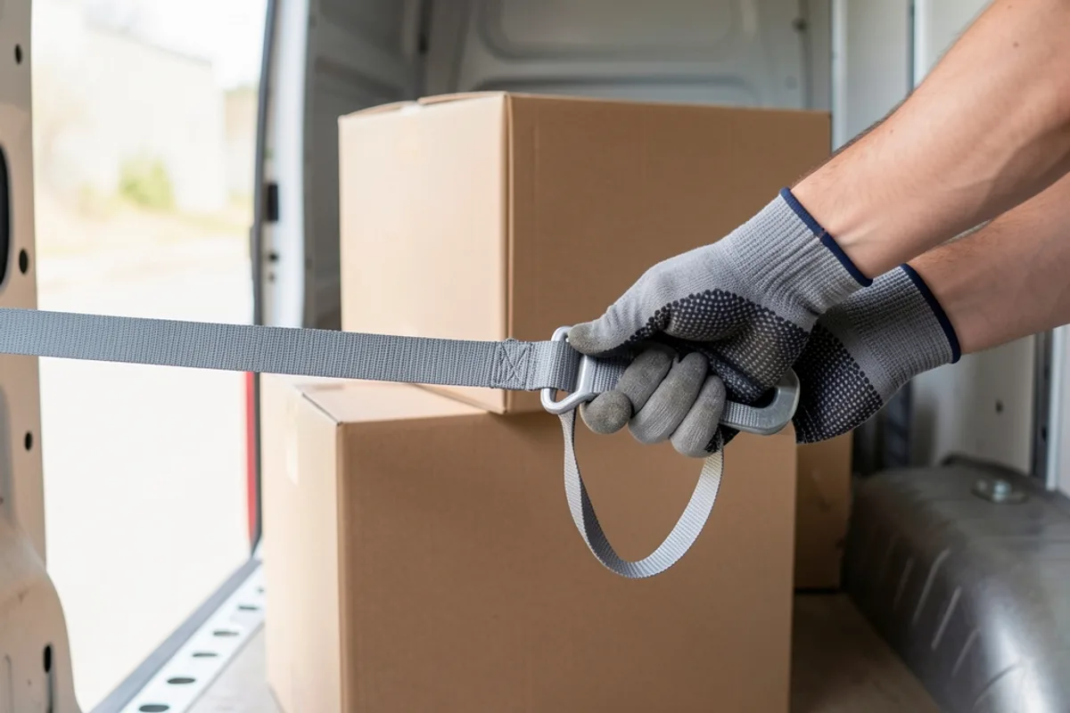 Mains gantées tendant une sangle à cliquet grise sur une pile de cartons bruns dans la caisse d&rsquo;un fourgon