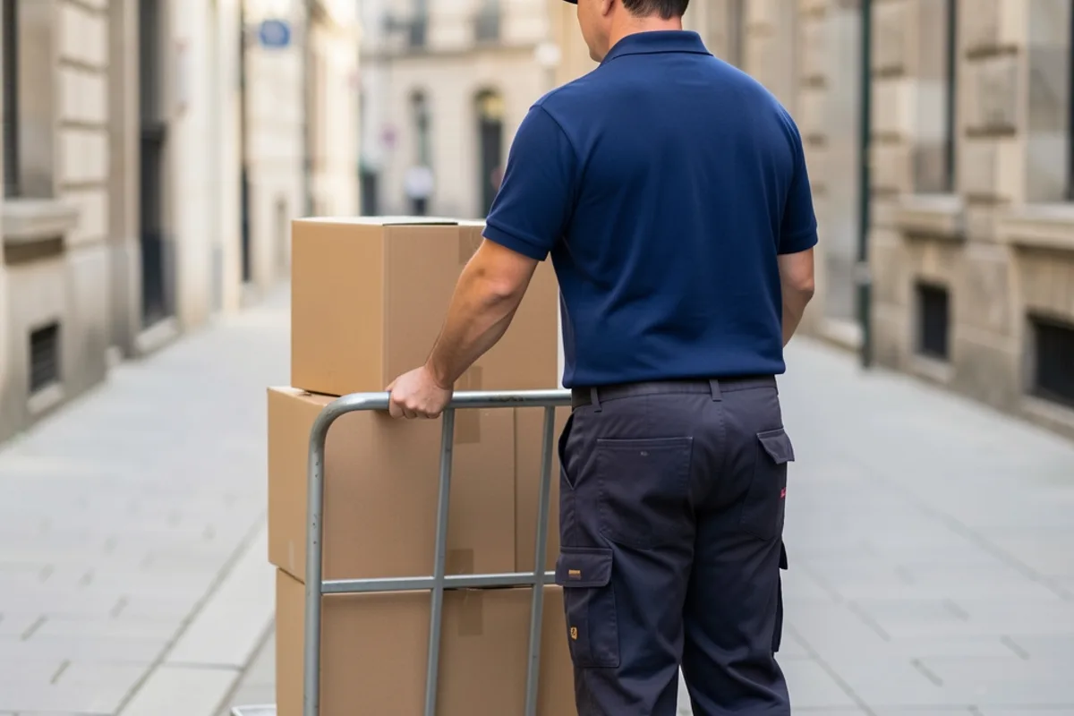 Livreur vu de dos poussant un chariot de manutention chargé de deux cartons bruns sur un trottoir de rue calme