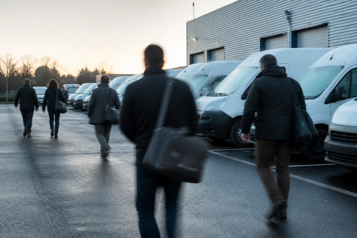 Salariés se dirigeant vers un parking d&rsquo;entreprise avec des utilitaires alignés