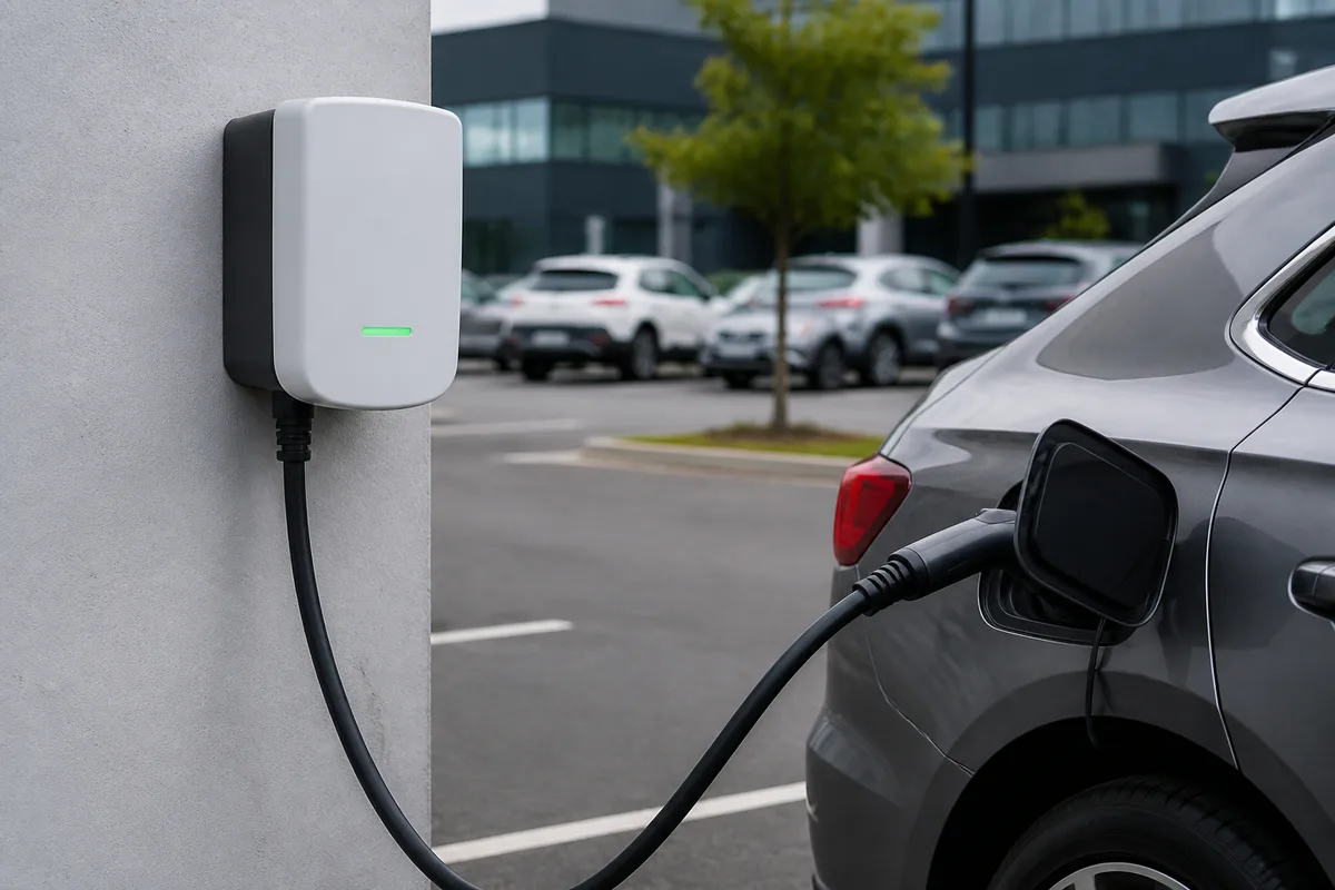 Borne de recharge en service sur le parking d&rsquo;un site professionnel
