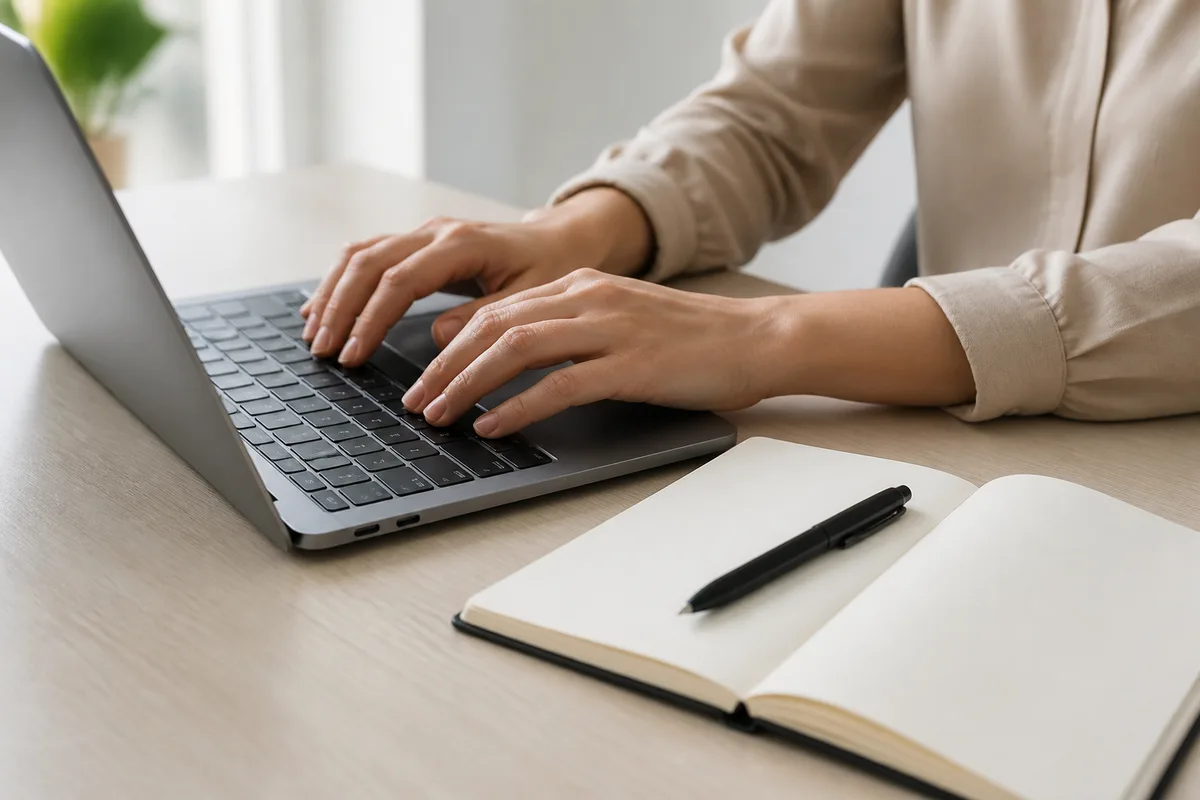 Un gestionnaire de paie compare un relevé de déplacements et un bulletin de salaire sur un bureau clair, mains visibles, ordinateur portable ouvert de trois quarts