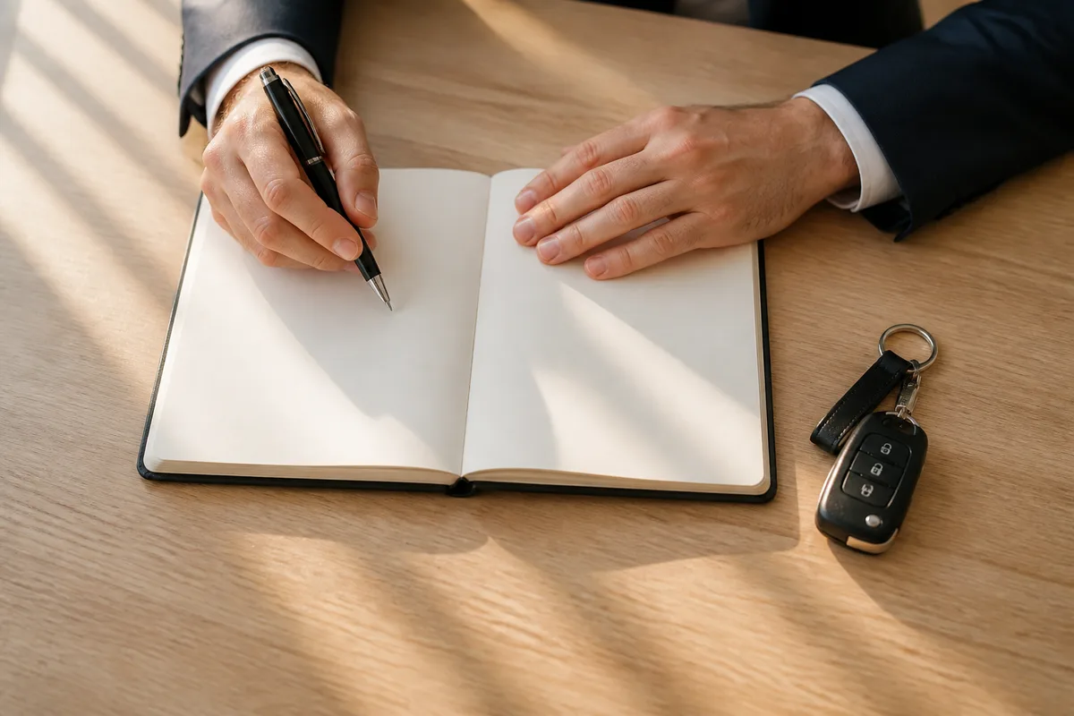 Mains d’un dirigeant annotant une note de procédure interne posée près d’un jeu de clés de voiture sur une table en bois clair, lumière naturelle latérale