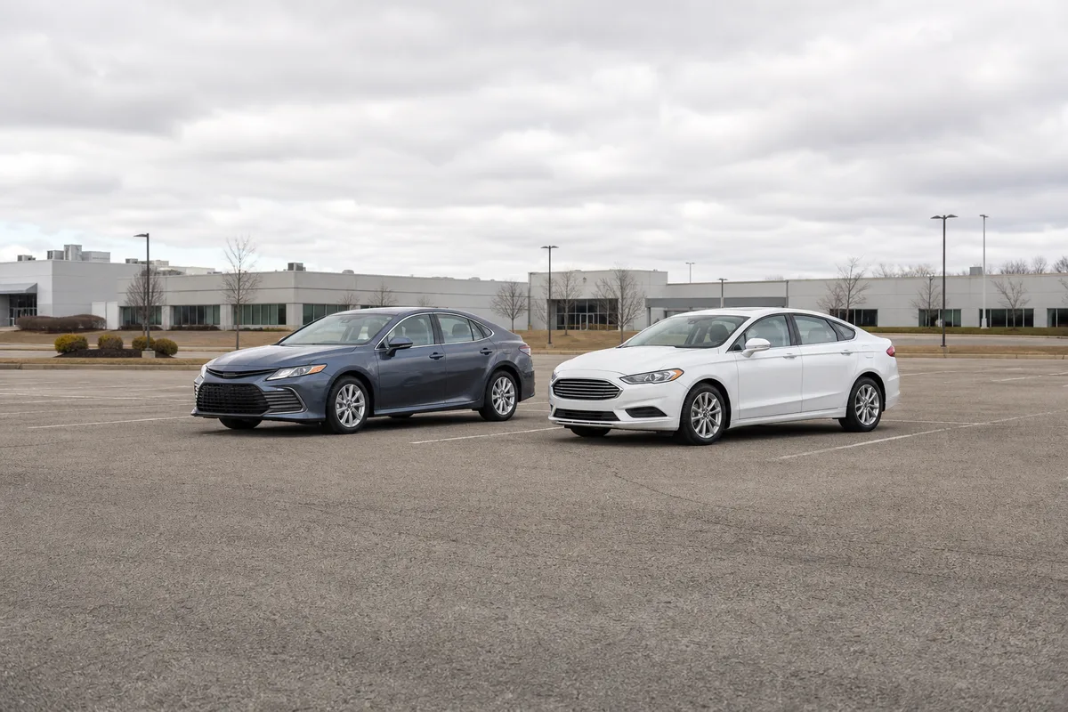 Deux voitures garées côte à côte sur un parking de concession, vues de loin sous un ciel couvert