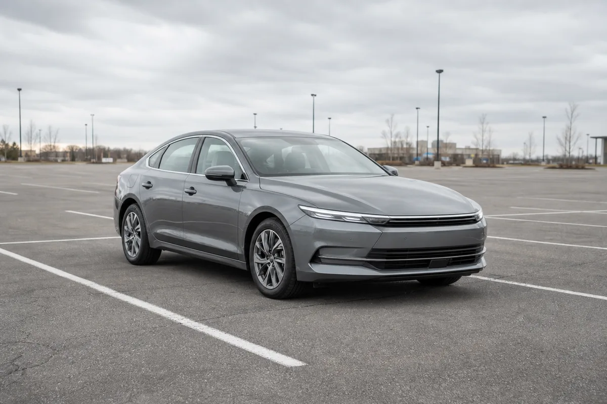 Voiture garée seule sur un parking de concession automobile, vue de loin sous un ciel gris
