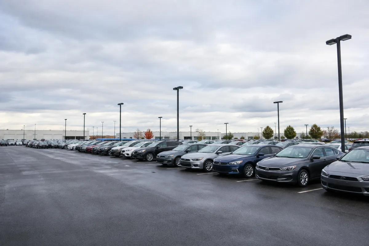 Rangée de voitures garées sur un parking de concession en plein air sous un ciel nuageux