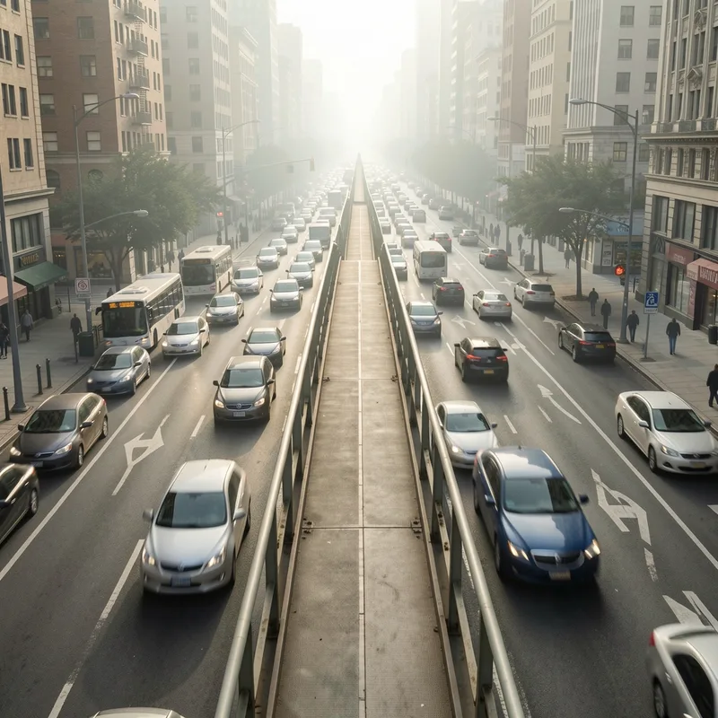 Voiture circulant sur un boulevard urbain aux heures de pointe, vue en légère plongée, immatriculations non lisibles