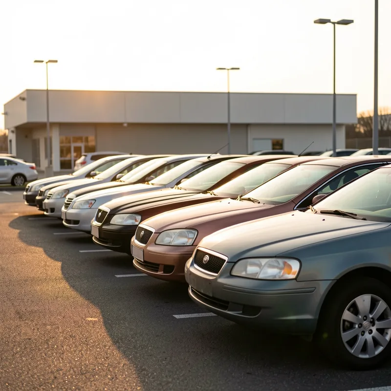 Rangée de voitures d’occasion alignées sur un parking de concession, fin de journée, sans marque identifiable