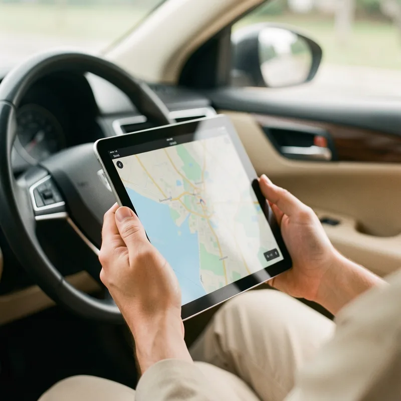Automobiliste consultant une carte de circulation sur un écran de tablette dans un habitacle, mains visibles, aucun visage net